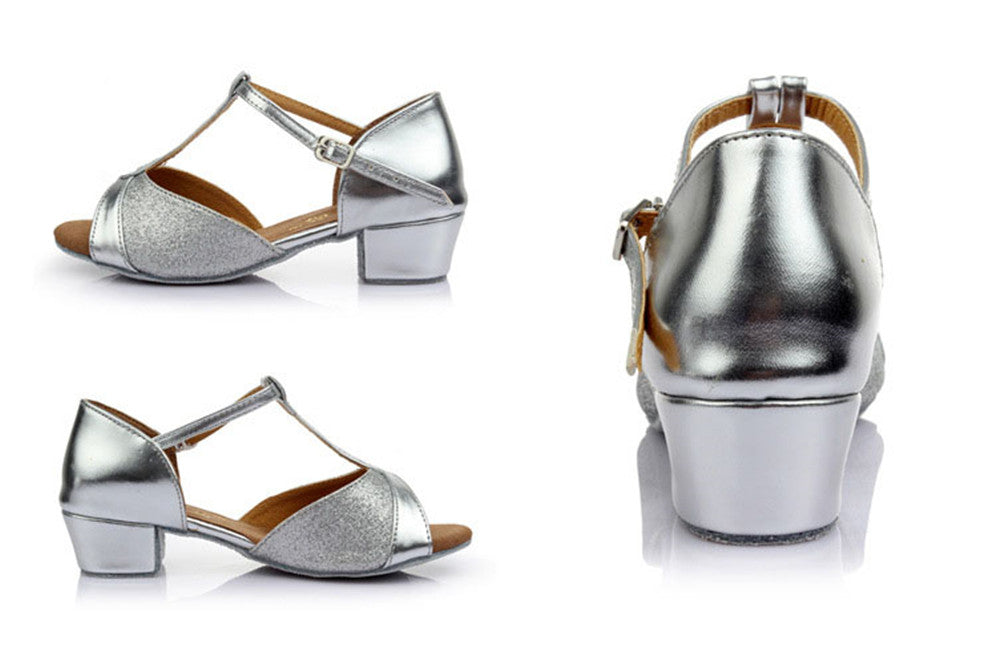 Girls Low Heel Ballroom Dance Shoes PU Leather T Strap Latin Salsa Social Dance Shoes fod Kids