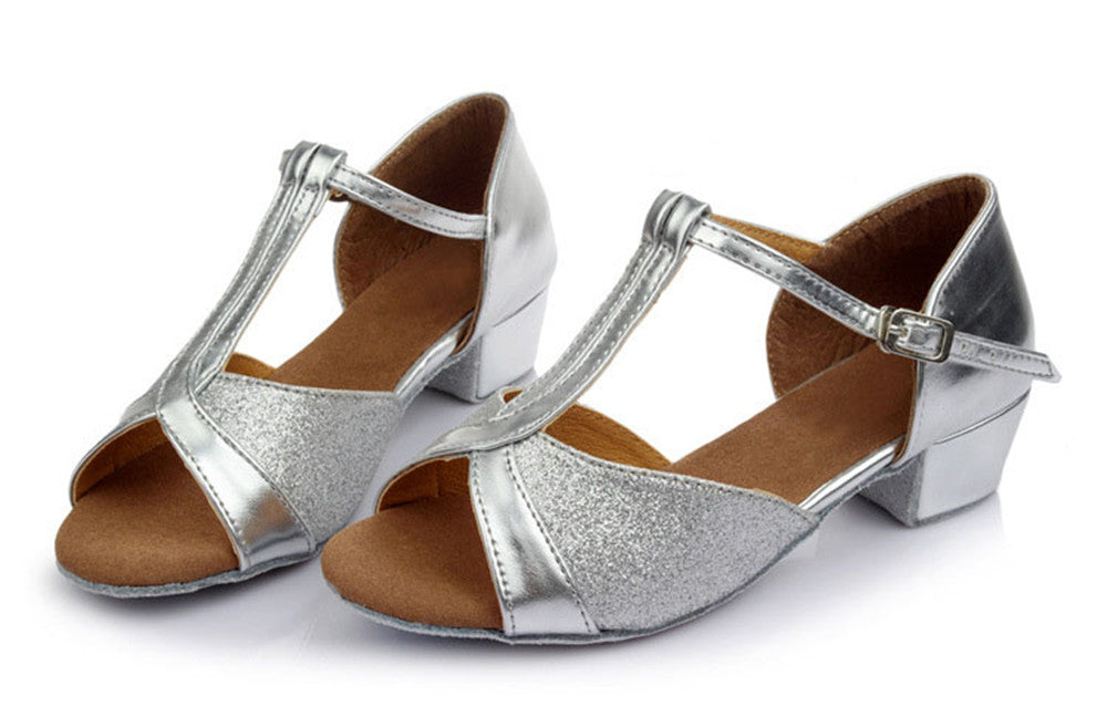 Girls Low Heel Ballroom Dance Shoes PU Leather T Strap Latin Salsa Social Dance Shoes fod Kids