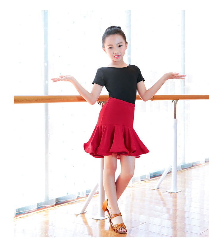 Girls Latin Dance Leotard Dress Short Sleeves Two Piece Set Top and Skirt Active Wear
