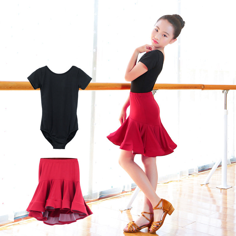 Girls Latin Dance Leotard Dress Short Sleeves Two Piece Set Top and Skirt Active Wear