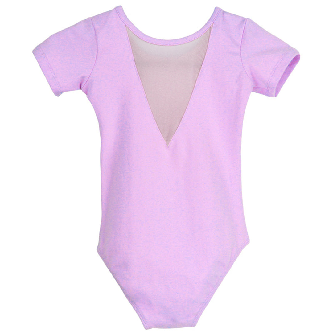 Girls Short Sleeve Ballet Dance Leotard Kids Mesh V Back Cotton Gymnastics Bodysuit