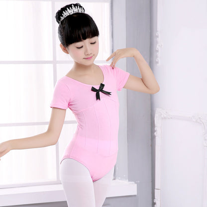 Girls Short Sleeve Ballet Dance Leotard Kids Cotton Seamed Bowknot Gymnastics Bodysuit with Snap Crotch