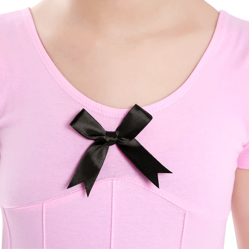 Girls Short Sleeve Ballet Dance Leotard Kids Cotton Seamed Bowknot Gymnastics Bodysuit with Snap Crotch