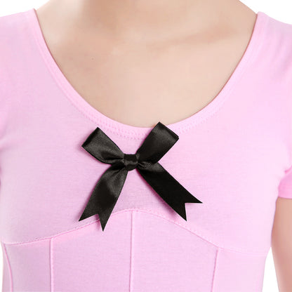 Girls Short Sleeve Ballet Dance Leotard Kids Cotton Seamed Bowknot Gymnastics Bodysuit with Snap Crotch