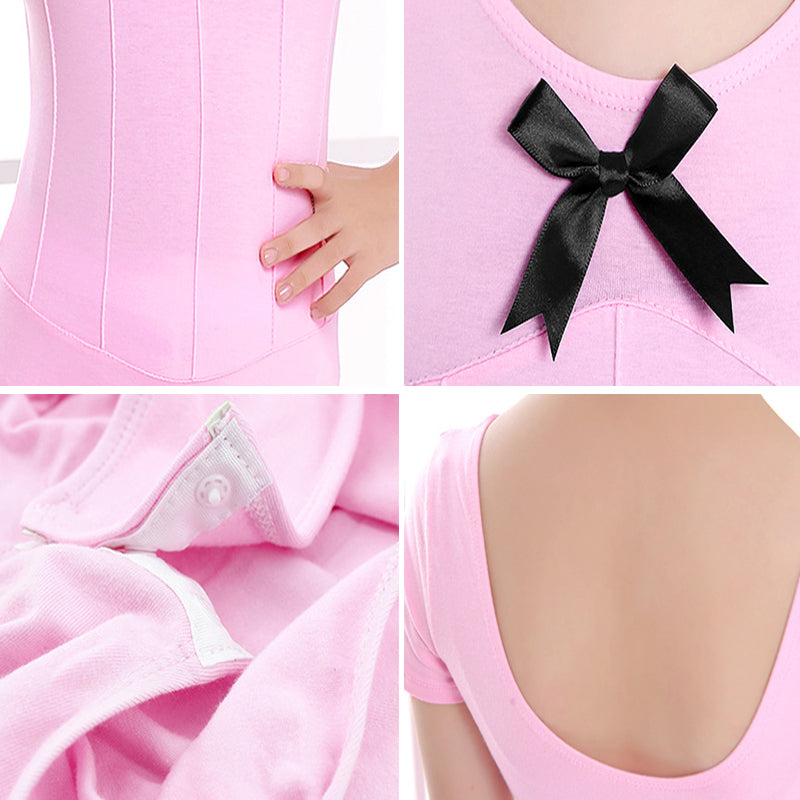 Girls Short Sleeve Ballet Dance Leotard Kids Cotton Seamed Bowknot Gymnastics Bodysuit with Snap Crotch