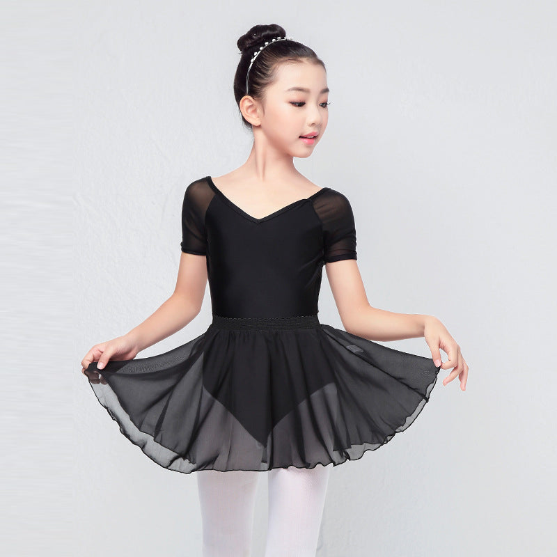 Girls Low Back Ballet Leotard Skirts Set Mesh Short Sleeves Two Piece Dancewear Gymnastics Bodysuit