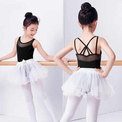 Girls Mesh Neckline Tank Ballet Dance Leotards Skirt Set Strappy Back Dancewear