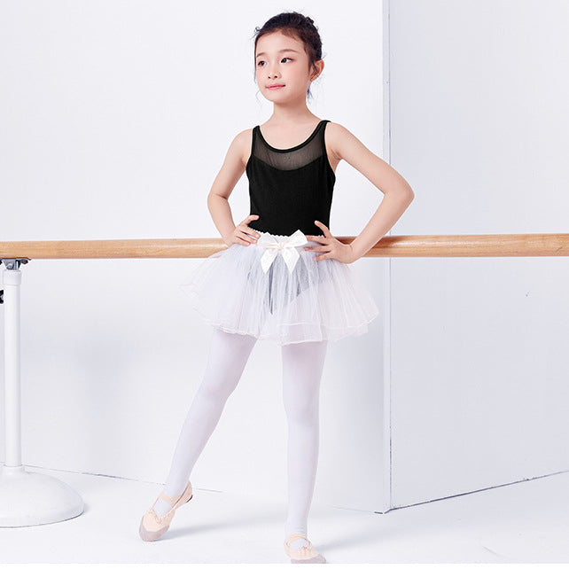 Girls Mesh Neckline Tank Ballet Dance Leotards Skirt Set Strappy Back Dancewear