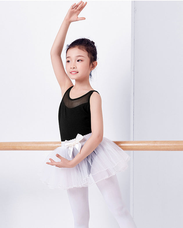 Girls Mesh Neckline Tank Ballet Dance Leotards Skirt Set Strappy Back Dancewear