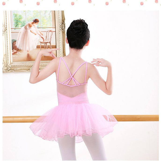 Girls Mesh Neckline Tank Ballet Dance Leotards Skirt Set Strappy Back Dancewear