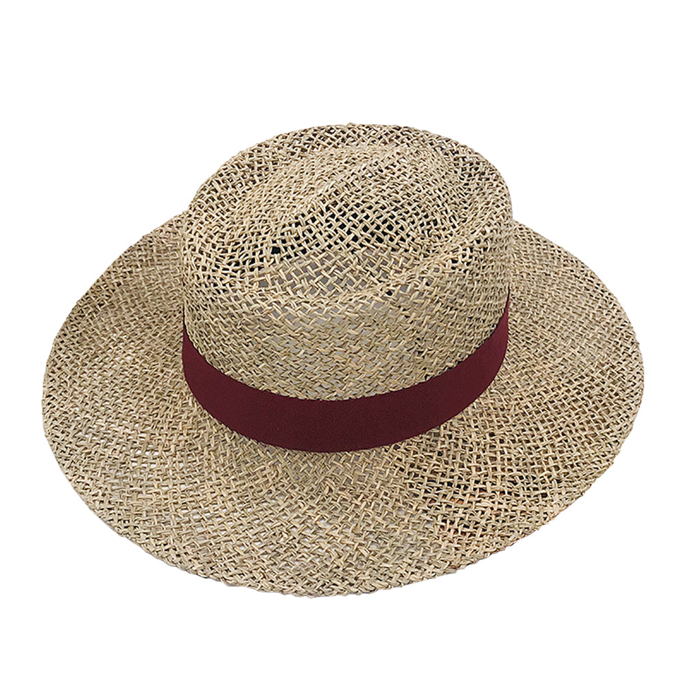 Womens Satin Band Straw Beach Hat Summer Hollow Out Boater Porkpie Hat 2020