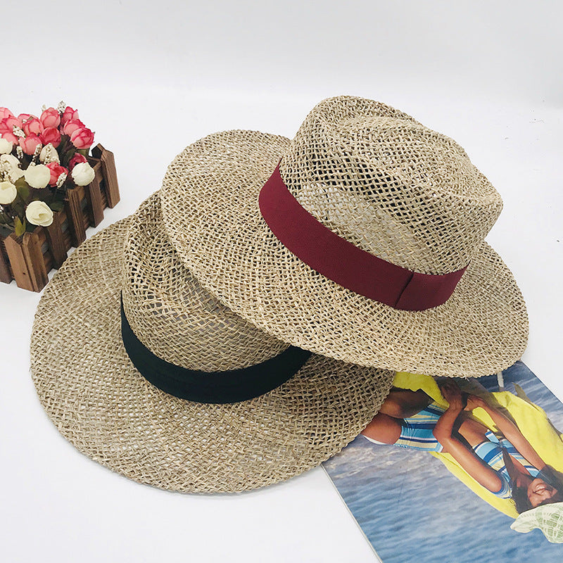 Womens Satin Band Straw Beach Hat Summer Hollow Out Boater Porkpie Hat 2020