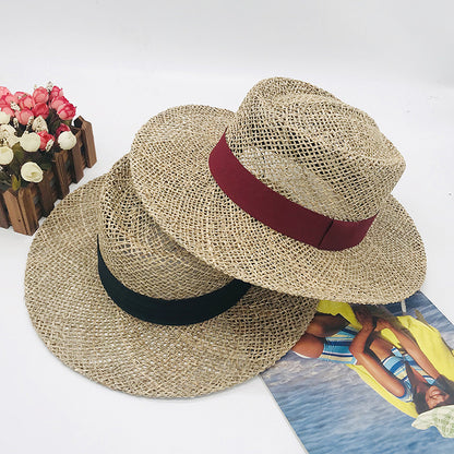Womens Satin Band Straw Beach Hat Summer Hollow Out Boater Porkpie Hat 2020
