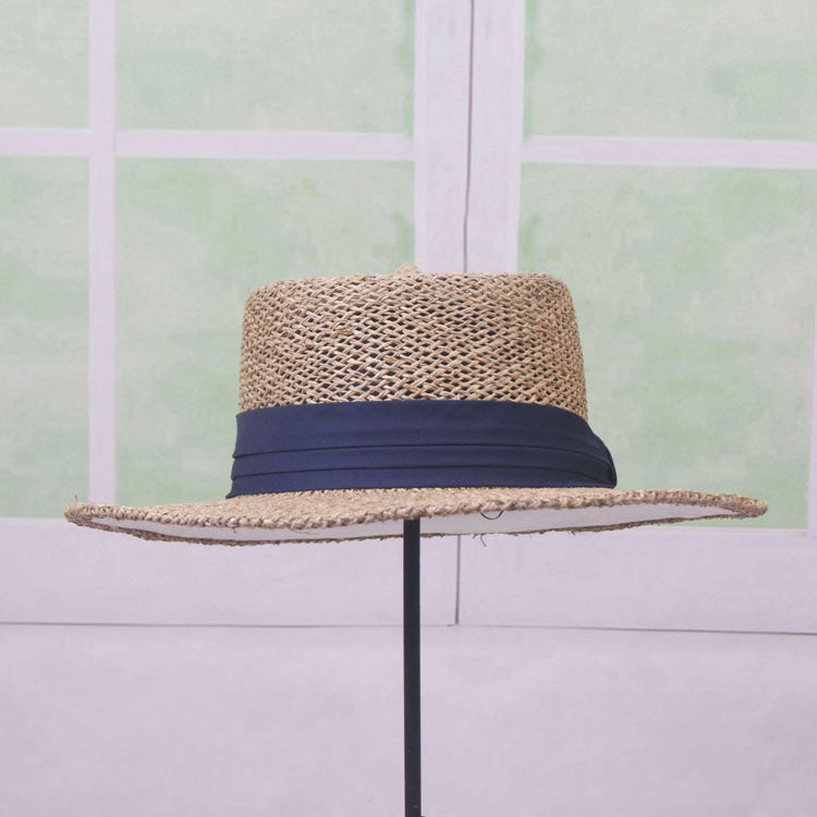 Womens Satin Band Straw Beach Hat Summer Hollow Out Boater Porkpie Hat 2020