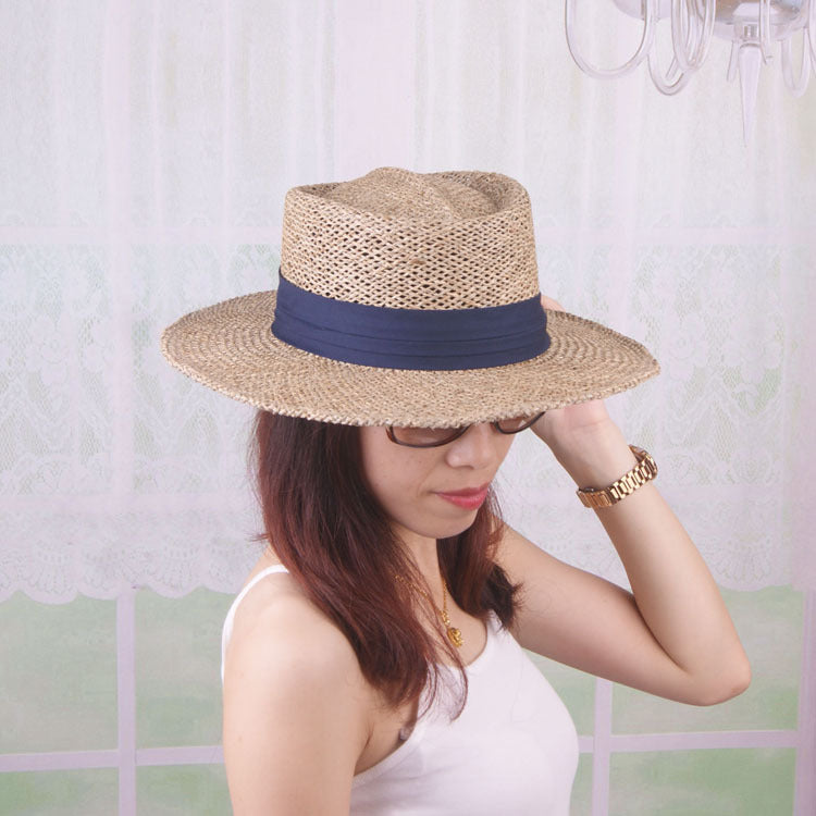 Womens Satin Band Straw Beach Hat Summer Hollow Out Boater Porkpie Hat 2020