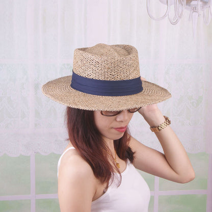 Womens Satin Band Straw Beach Hat Summer Hollow Out Boater Porkpie Hat 2020