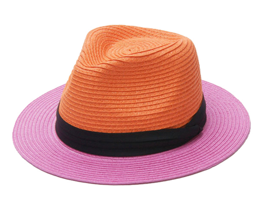 Womens Two Tone Short Brim Fedora Straw Sun Hat Colorblocked Jazz Travel Cap