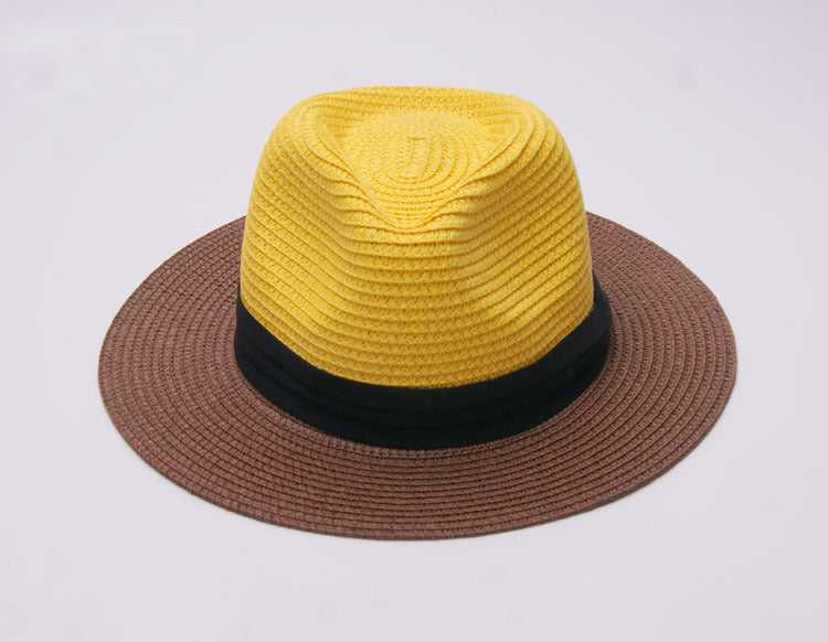 Womens Two Tone Short Brim Fedora Straw Sun Hat Colorblocked Jazz Travel Cap