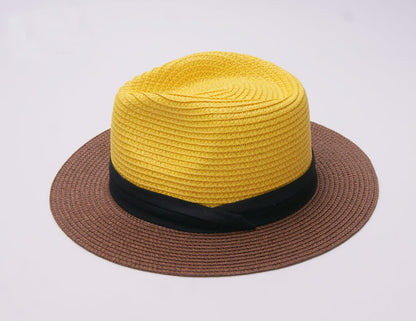 Womens Two Tone Short Brim Fedora Straw Sun Hat Colorblocked Jazz Travel Cap