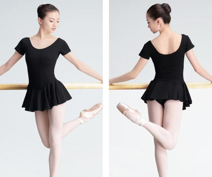 Womens Skirted Ballet Leotards with Sleeves Cotton Dress Dance Leotard Black