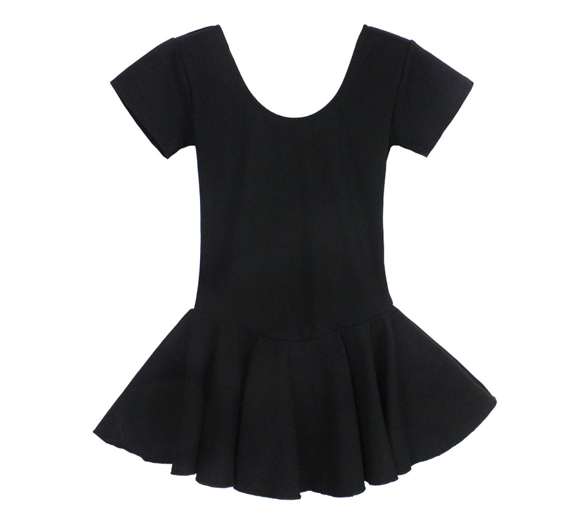 Womens Skirted Ballet Leotards with Sleeves Cotton Dress Dance Leotard Black