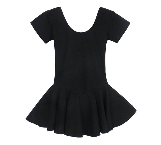 Womens Skirted Ballet Leotards with Sleeves Cotton Dress Dance Leotard Black