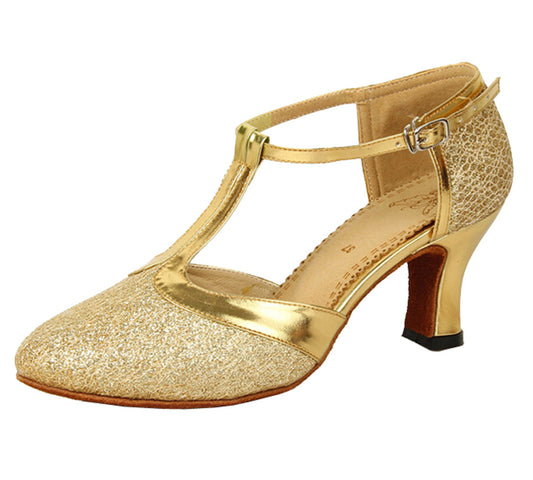 Womens Glittering T-Strap Latin Dance Shoes Closed-Toe Ballroom Salsa Wedding Dance Sandals